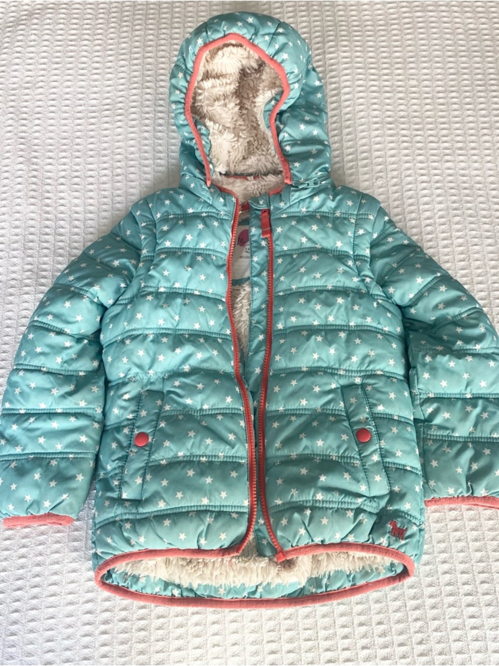 Mini Boden Turquoise Star-Print Hooded Puffer Jacket with Coral Trim